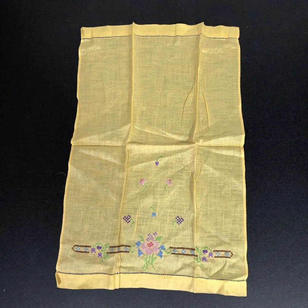Vintage Tea Towel Yellow Cross Stitch Flowers Retro Shabby Chic Small Embroidery